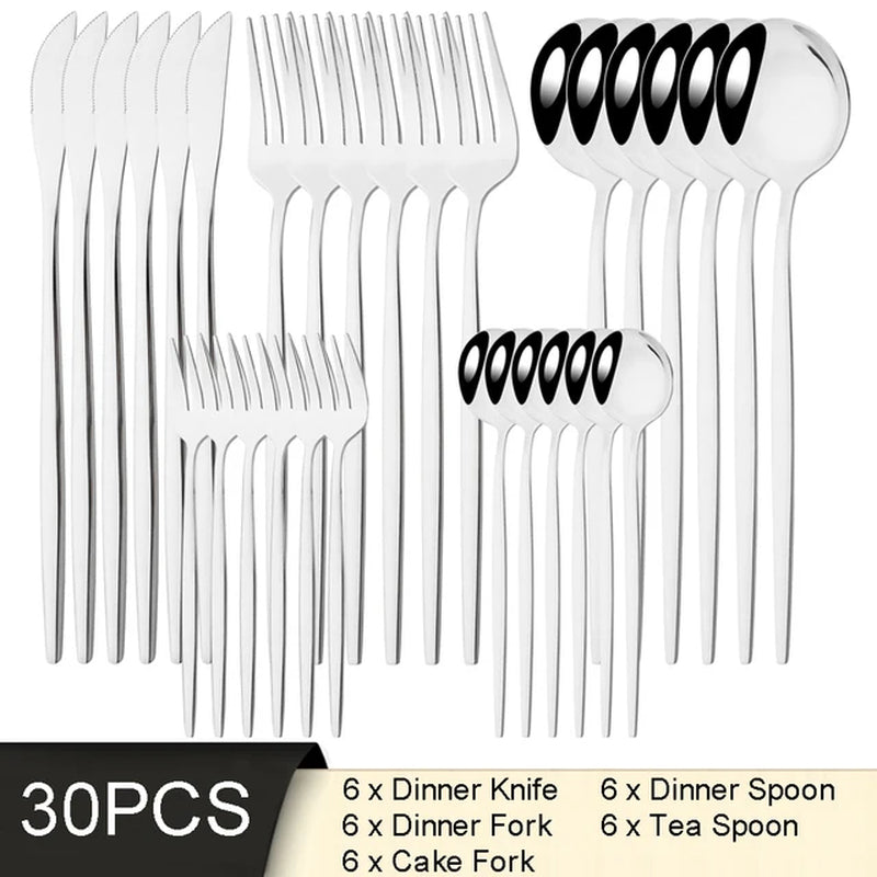 30Pcs White Gold Cutlery Set Stainless Steel Tableware Knife Cake Fork Spoon Dinnerware Set Kitchen Flatware Silverware