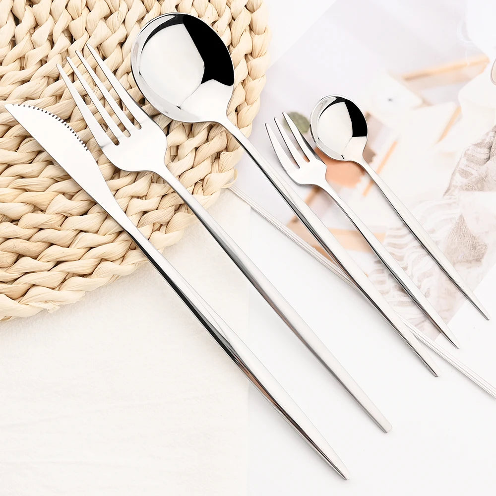 30Pcs White Gold Cutlery Set Stainless Steel Tableware Knife Cake Fork Spoon Dinnerware Set Kitchen Flatware Silverware