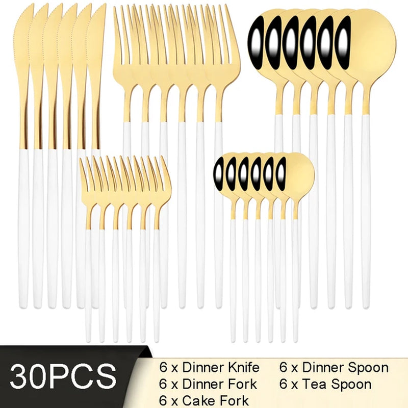 30Pcs White Gold Cutlery Set Stainless Steel Tableware Knife Cake Fork Spoon Dinnerware Set Kitchen Flatware Silverware