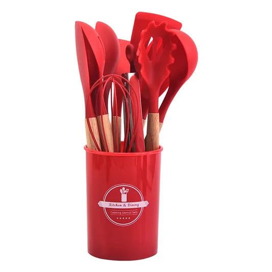 12Pcs Silicone Kitchen Utensils Cooking Wooden Handle Non Stick Pot Kitchenware Set Storage Bucket Silicone Kitchen Utensils