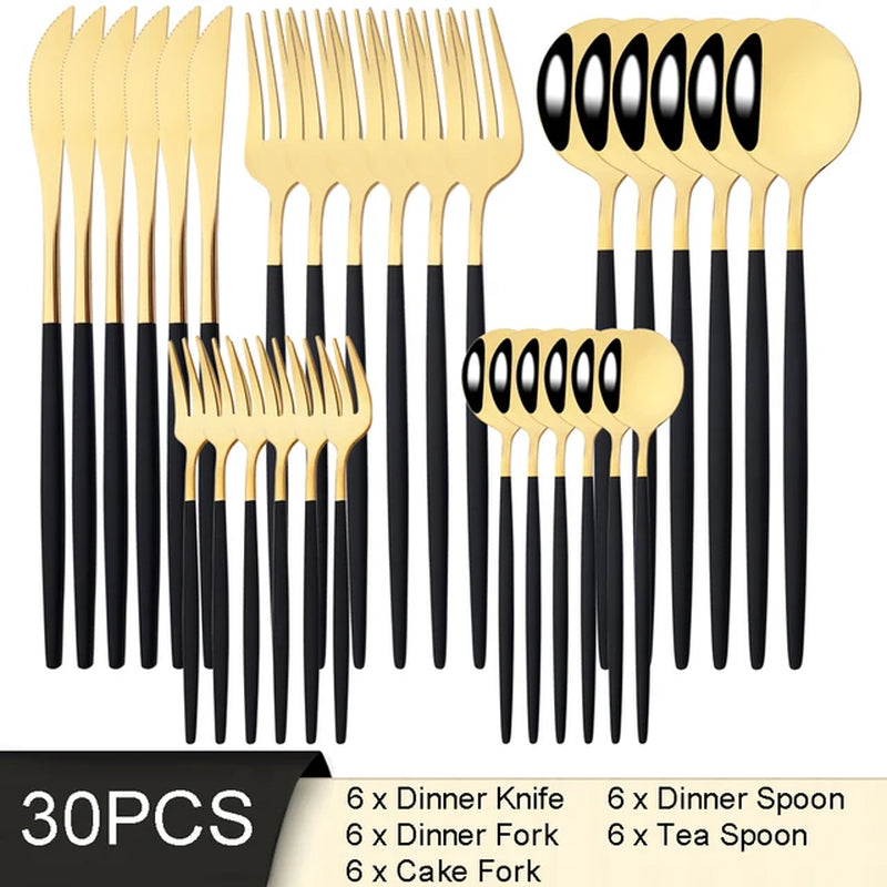 30Pcs White Gold Cutlery Set Stainless Steel Tableware Knife Cake Fork Spoon Dinnerware Set Kitchen Flatware Silverware