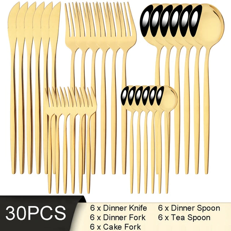 30Pcs White Gold Cutlery Set Stainless Steel Tableware Knife Cake Fork Spoon Dinnerware Set Kitchen Flatware Silverware