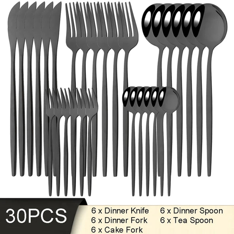 30Pcs White Gold Cutlery Set Stainless Steel Tableware Knife Cake Fork Spoon Dinnerware Set Kitchen Flatware Silverware